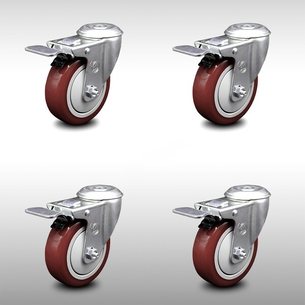 4 Inch SS Maroon Polyurethane Swivel Bolt Hole Caster Set with Total Lock Brake